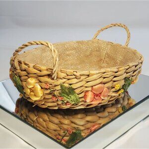 Vintage Hand Woven Raffia Flower Fruit Basket Tray Round 1960's Philippines